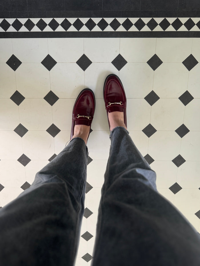 Large sized womens red leather loafer flat shoe in sizes 8 9 10 11 12