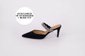 Side shot of womens black stiletto mule available in larger women's sizes Euro 42-46