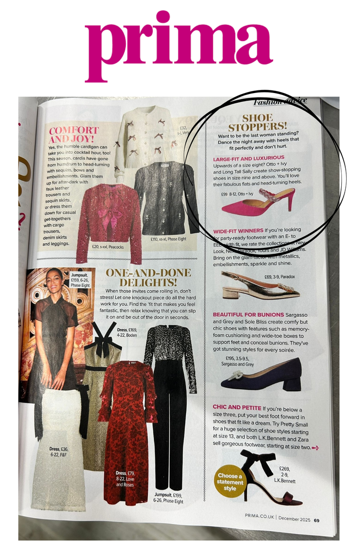prima press page of Abigail mules in large womens sizes