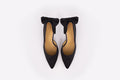 Aerial view of Annie Court shoe in black. A formal evening shoe with stiletto heel and bow on the back. Womens shoes in larger sizes available in sizes 42-46.