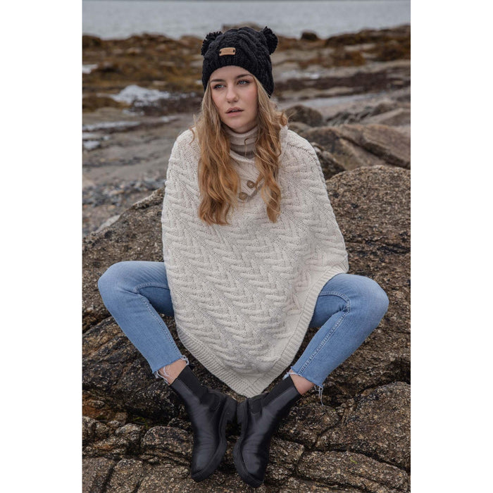 Aran Cable Button Shawl Neck Poncho - Cozy Knitwear for Women