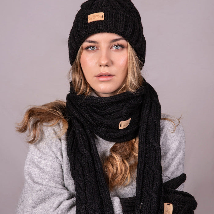 Aran Cable Pom Pom Scarf Aran Cable Pom Pom Scarf | Soft Knit with Faux Fur Trim | One Size