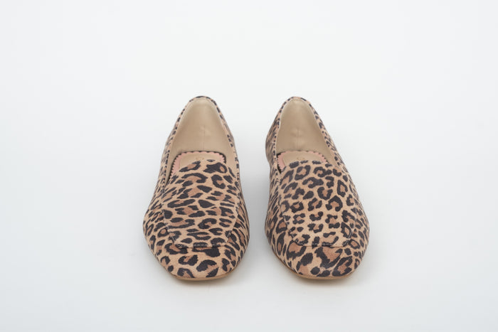 Front shot of womens large sized leopard print suede Flt loafer shoe available in larger European sizes 42-46 standard and wide fit
