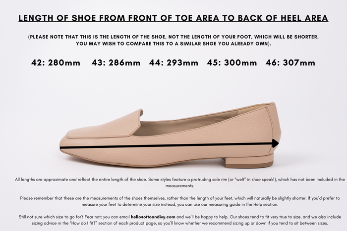 Measurement diagram displaying lengths of womens large size shoes in sizes 42,43,44,45 and 46.