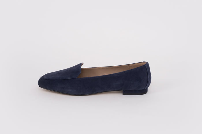 Side shot of Naavy blue suede womens shoe available in uk sizes 8-12