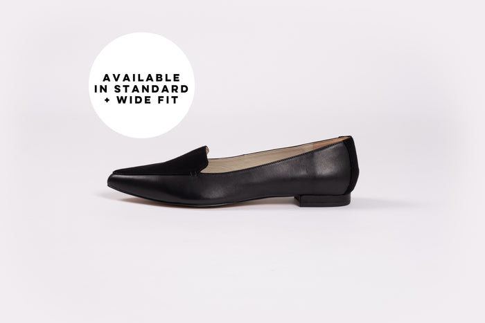 Side profile of womens flat shoe Ava in black. Available in larger European sizes 42-46 and Uk sizes 8-12
