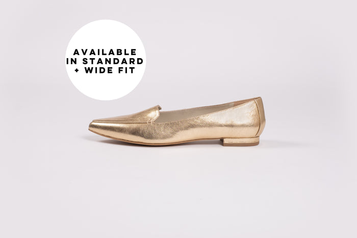 Side profile of Ava Gold. A womens flat shoe available in larger sizes starting from size 8 up to a size 12. Standard and wide fit.