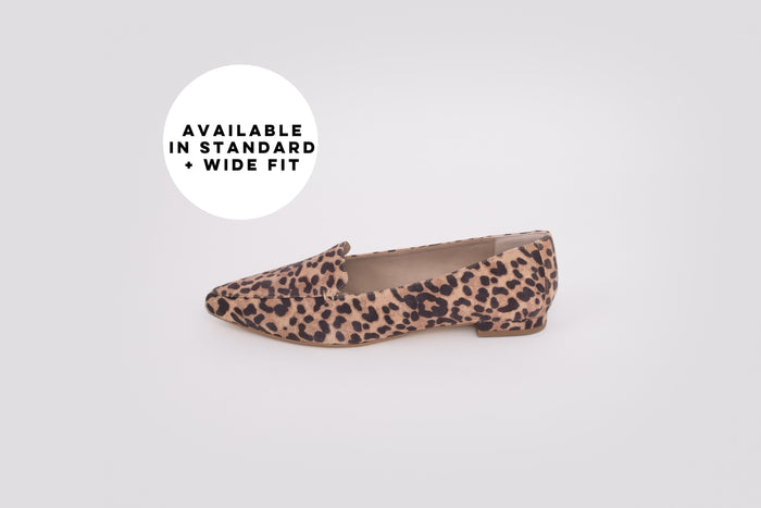 Side profile of Ava Flat, in leopard print. A womens flat shoe available in larger sizes 42-46, -22, standard and wide fit.