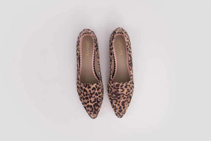 Aerial view of Ava Flat in Leopard print. A womens shoe available in larger sizes