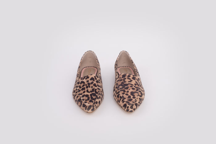 Front veiw of Ava Flat in Leopard print. A womens flat shoe available in larger sizes 8-12. Standard and wide fit.