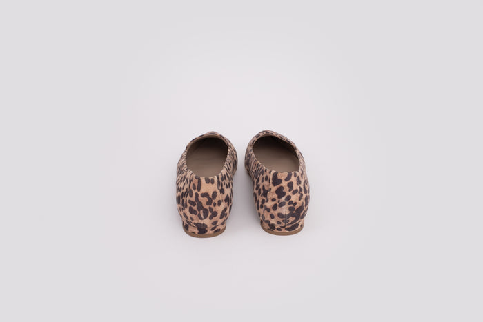 Back view of Ava Flats in leopard print. Available in standard and wide fit, and larger womens sizes 8-12 and 42-46