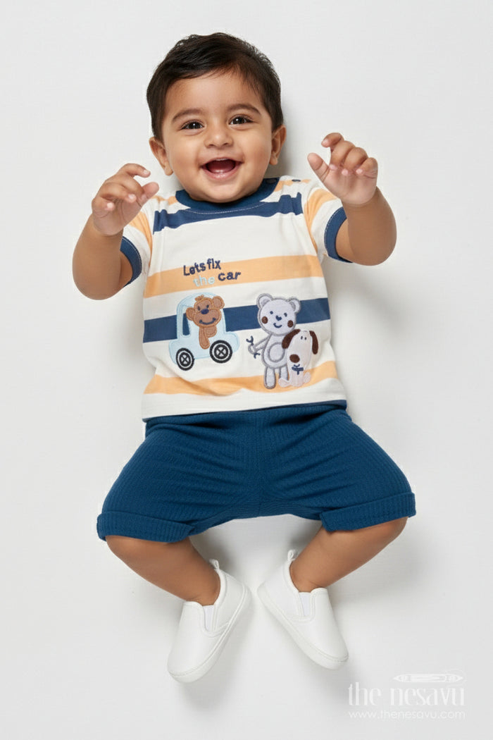 The Nesavu Boys Casual Set Baby Boy Cotton T-shirt and Shorts Set for Summer Play Nesavu 14 (6M) / Blue BCS530B-14 Nesavu baby boy striped cotton t-shirt shorts outfit everyday summer comfort