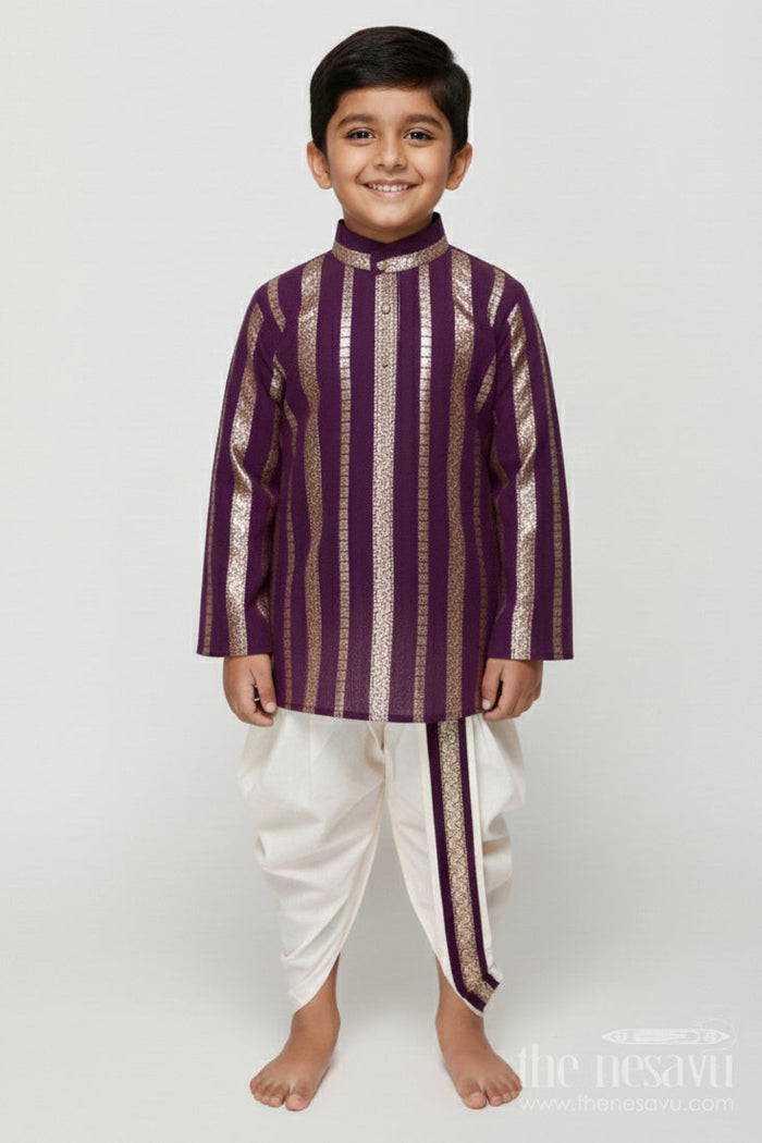 The Nesavu Boys Dothi Set Baby Boy Dhoti Kurta Set for Festive Celebrations and Family Poojas Nesavu 12 (3M) / Purple BES780B-12 Nesavu baby boy dhoti kurta in viscose silk for poojas, weddings and festive family gatherings
