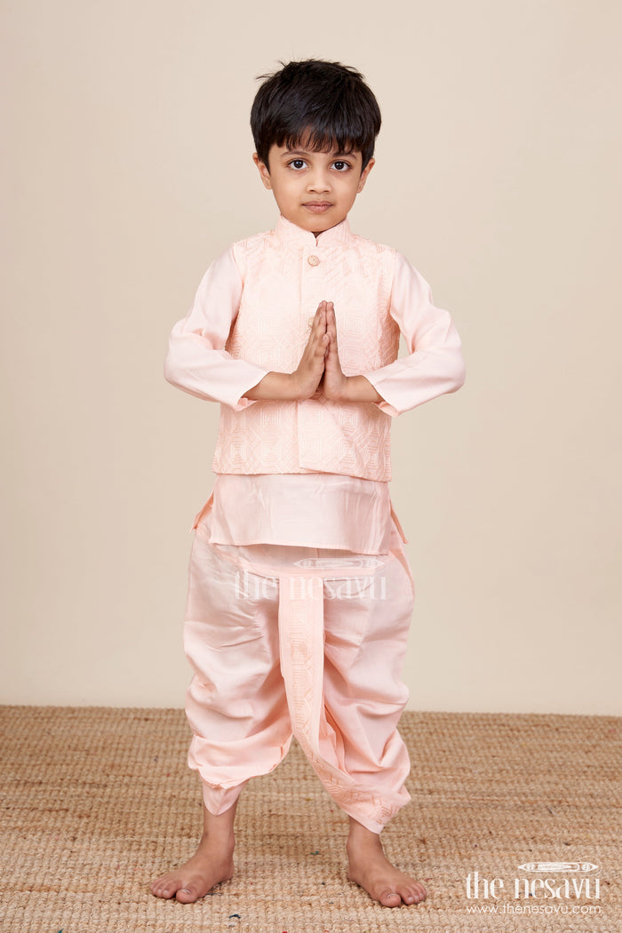 The Nesavu Boys Dothi Set Baby Boy Peach Dhoti Set with Embroidered Silk Jacket for Naming and Festive Wear Nesavu Nesavu peach baby boy dhoti set embroidered silk jacket  perfect naming ceremonies festive events