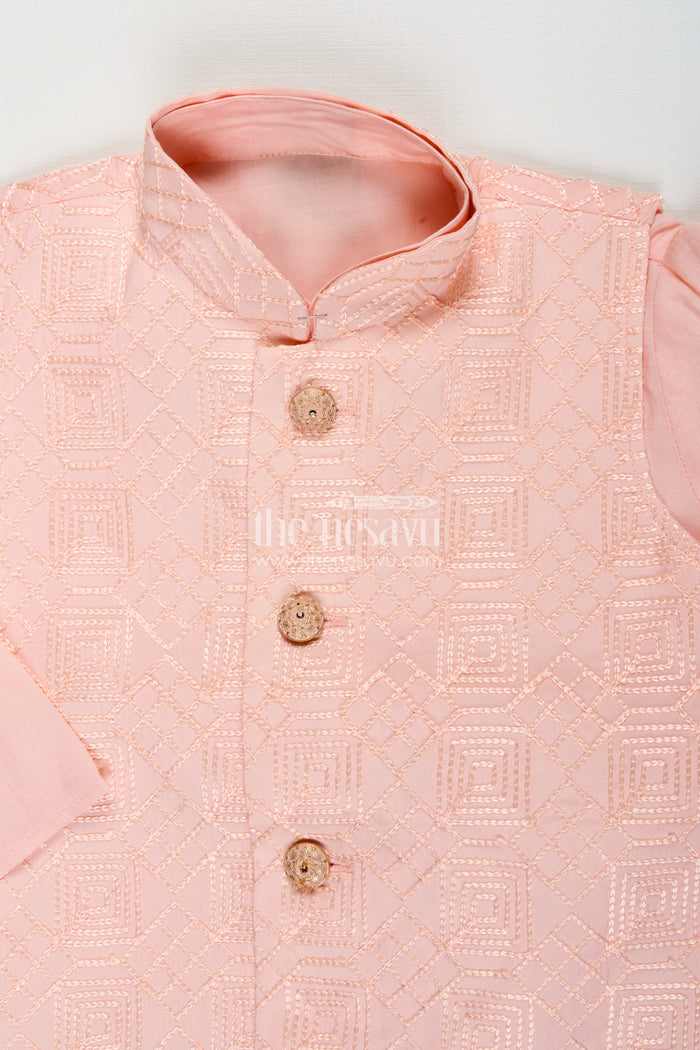 The Nesavu Boys Dothi Set Baby boy peach dhoti set with embroidered silk jacket for naming and festive wear Nesavu Nesavu peach baby boy dhoti set embroidered silk jacket  perfect naming ceremonies festive events