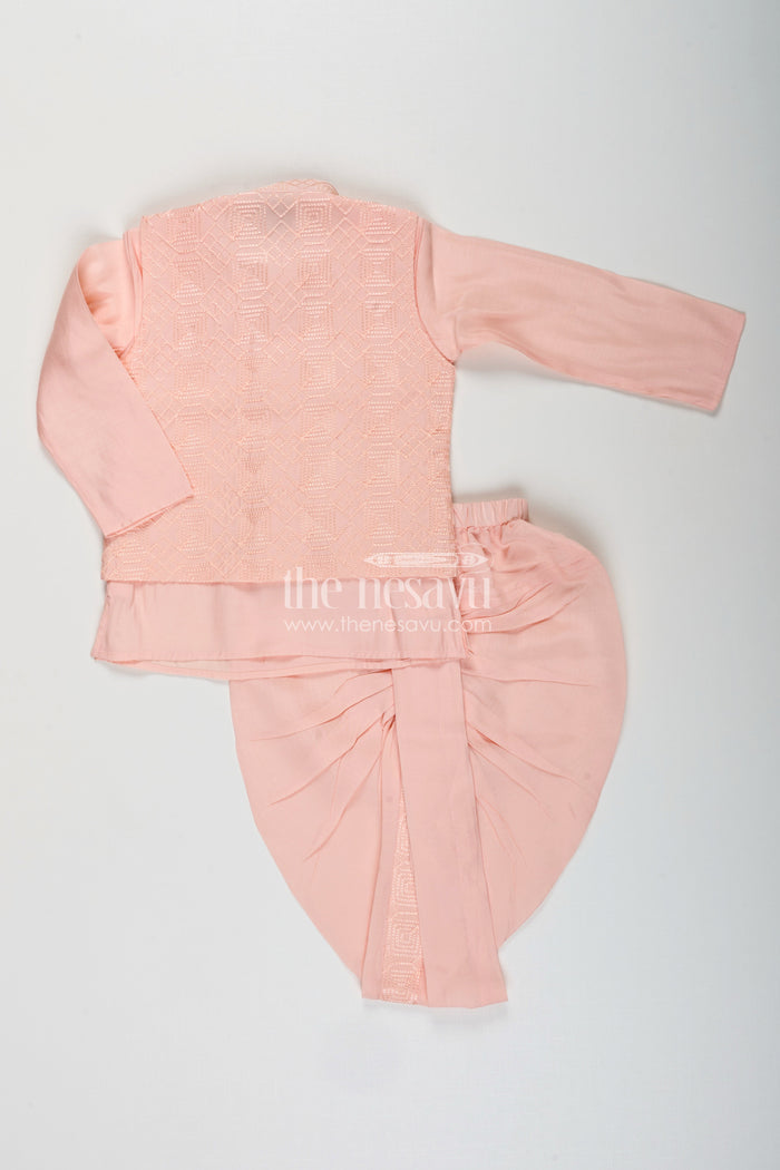 The Nesavu Boys Dothi Set Baby boy peach dhoti set with embroidered silk jacket for naming and festive wear Nesavu Nesavu peach baby boy dhoti set embroidered silk jacket  perfect naming ceremonies festive events