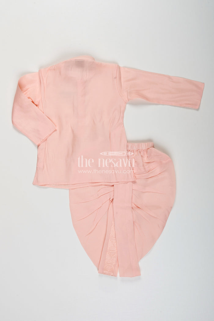 The Nesavu Boys Dothi Set Baby boy peach dhoti set with embroidered silk jacket for naming and festive wear Nesavu Nesavu peach baby boy dhoti set embroidered silk jacket  perfect naming ceremonies festive events