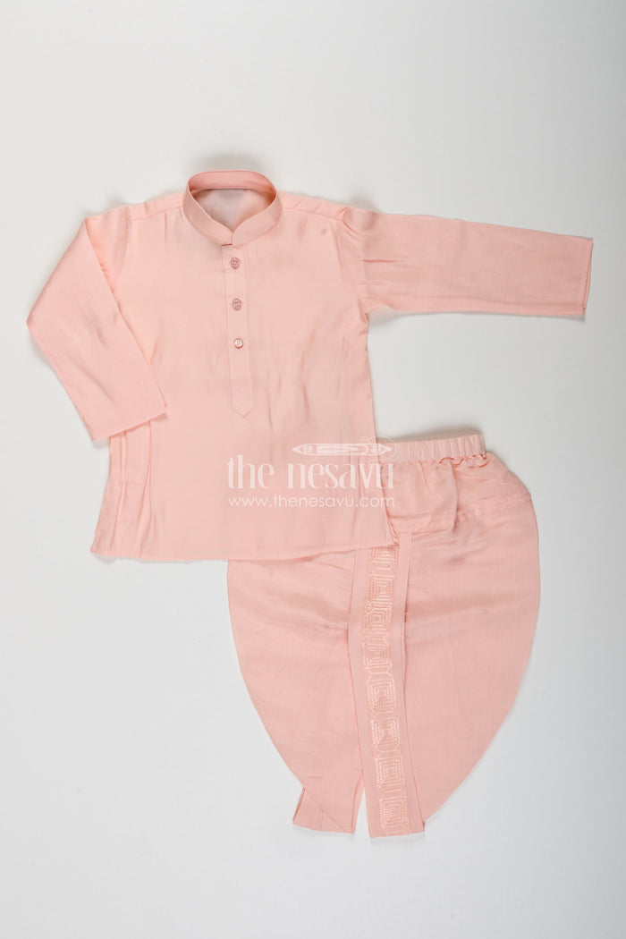 The Nesavu Boys Dothi Set Baby boy peach dhoti set with embroidered silk jacket for naming and festive wear Nesavu Nesavu peach baby boy dhoti set embroidered silk jacket  perfect naming ceremonies festive events