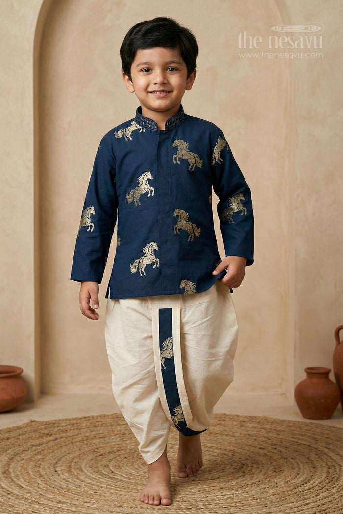 The Nesavu Boys Dothi Set Baby Boy Traditional Dhoti Outfit for Naming Ceremony and Family Functions Nesavu 14 (6M) / Blue / Silk blend BES956B-14 Nesavu baby boy traditional dhoti outfit for naming ceremony festive occasions and temple visits