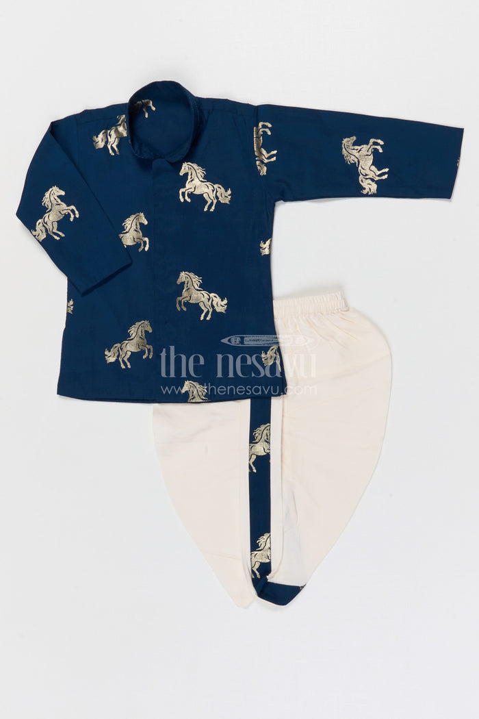The Nesavu Boys Dothi Set Baby Boy Traditional Dhoti Outfit for Naming Ceremony and Family Functions Nesavu 14 (6M) / Silk blend / Blue BES956B-14 Nesavu baby boy traditional dhoti outfit for naming ceremony festive occasions and temple visits