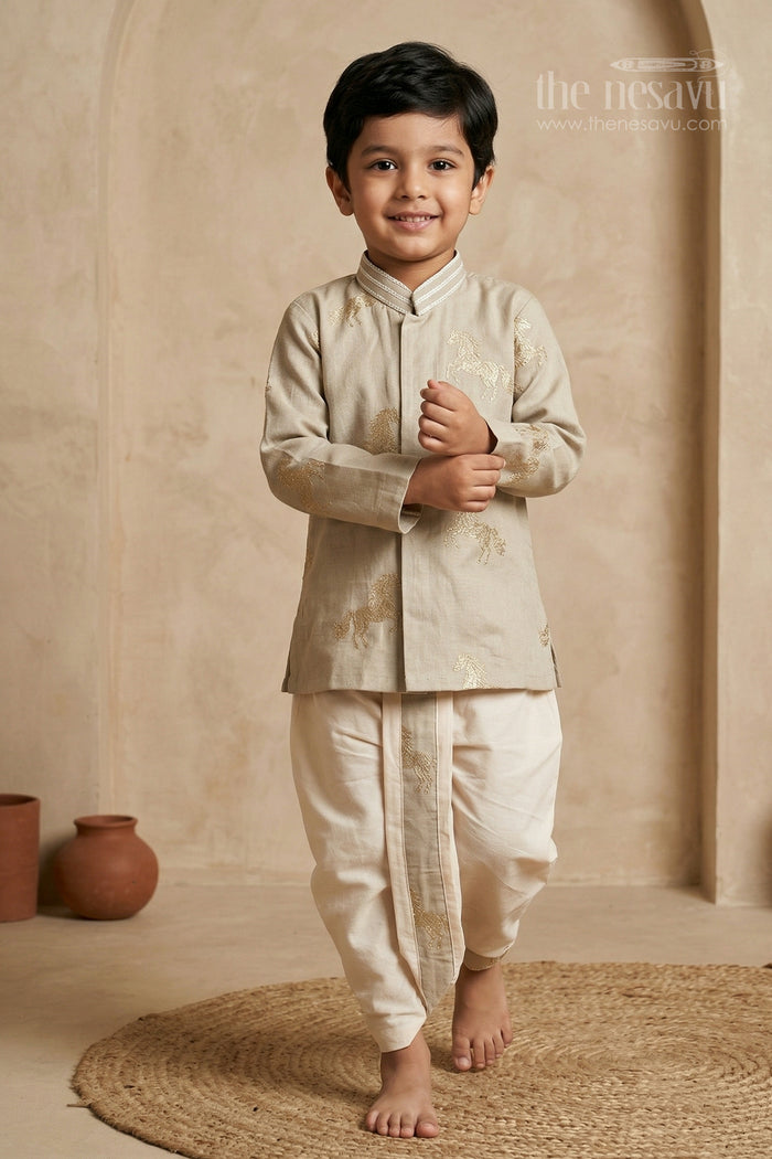 The Nesavu Boys Dothi Set Baby Boy Traditional Dhoti Set for Naming Ceremony and Temple Visit Nesavu 14 (6M) / Cream / Silk blend BES956A-14 Nesavu baby boy traditional dhoti set for naming ceremony temple visits and festive celebrations