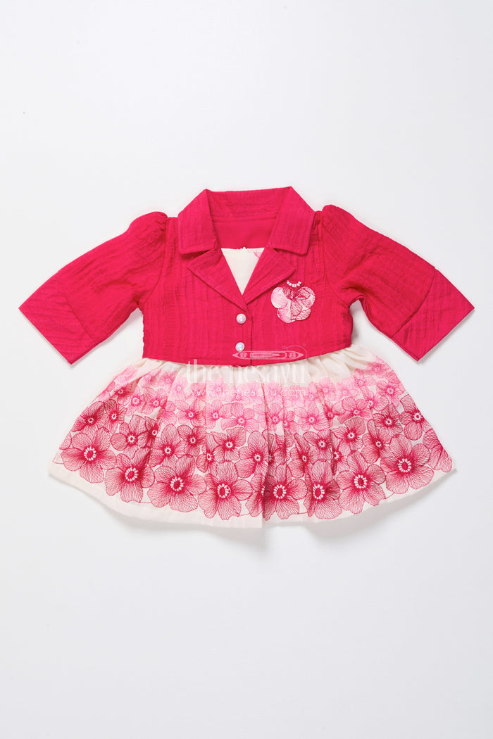 The Nesavu Baby Fancy Frock Baby Cotton Embroidered Frock with Formal Collar Design Nesavu Nesavu baby cotton frock jacket look embroidery  festive party wear