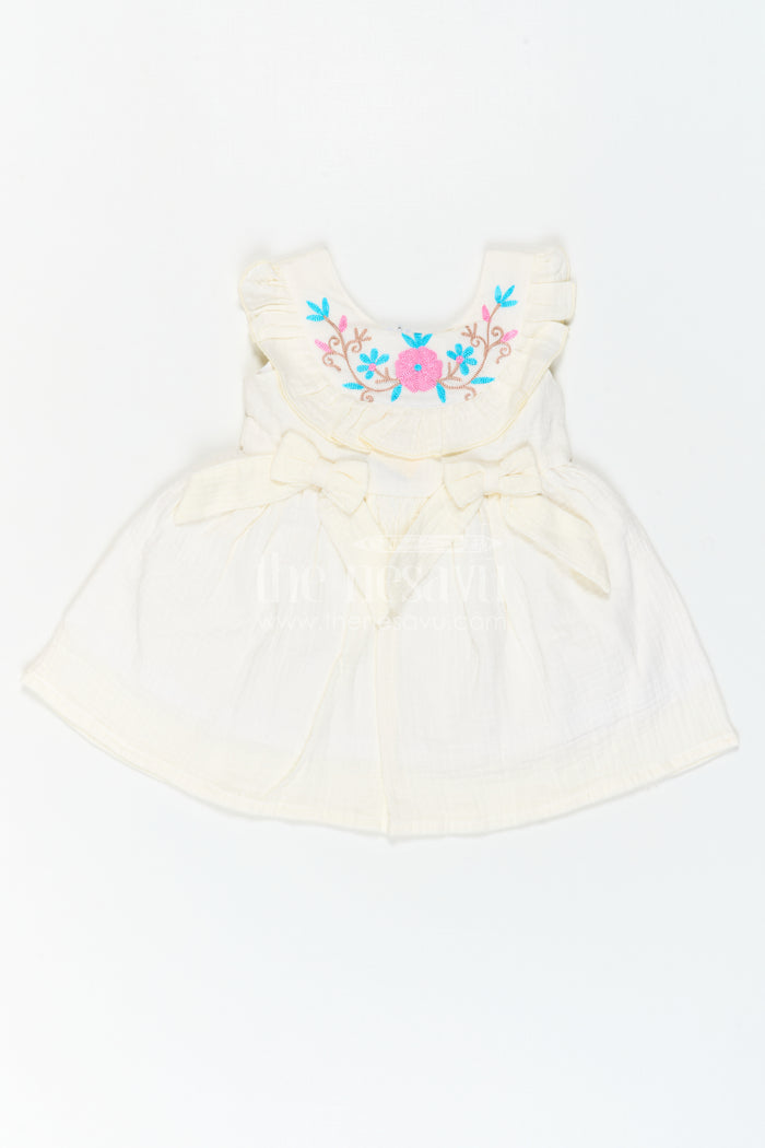 The Nesavu Baby Cotton Frocks Baby Cotton Frock for First Birthday Photoshoot Nesavu 14 (6M) / Cream / Muslin Cotton BFJ1012A-14 Nesavu Baby Cotton Frock For First Birthday Photoshoot With Floral Thread Embroidery And Ruffles