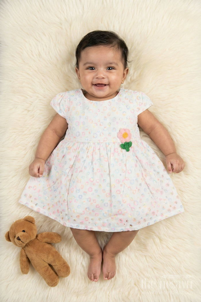 The Nesavu Baby Cotton Frocks Baby Cotton Hakoba Frock with Pastel Rainbow Circle Embroidery Nesavu 14 (6M) / Pink BFJ900A-14 Nesavu pastel Hakoba frock with rainbow embroidery and flower patch for baby girls