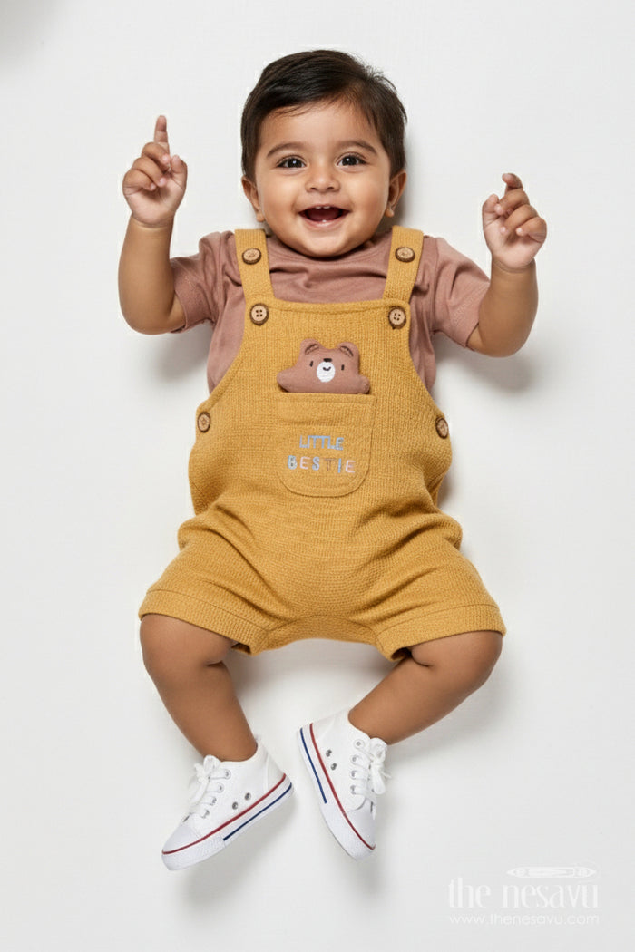 The Nesavu Baby Dungarees Baby Dungaree and Tee Cotton Set for Outings and Everyday Style Nesavu 14 (6M) / Brown BCS539A-14 Nesavu baby cotton dungaree set printed tee everyday wear comfortable outings