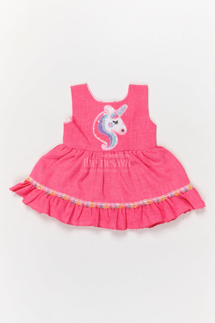 The Nesavu Baby Cotton Frocks Baby Frock with Unicorn Applique and Frilled Hem for Fantasy Playtime Nesavu 14 (6M) / Deeppink / Cotton Blend BFJ913B-14 Magical baby frock with unicorn patch and frill hem for fantasy-themed outfits