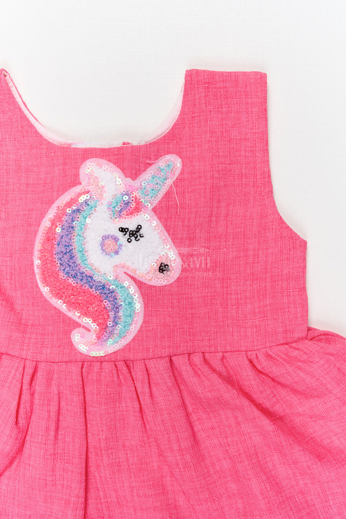 The Nesavu Baby Cotton Frocks Baby Frock with Unicorn Applique and Frilled Hem for Fantasy Playtime Nesavu Magical baby frock with unicorn patch and frill hem for fantasy-themed outfits