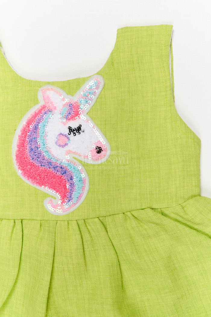 The Nesavu Baby Cotton Frocks Baby Frock with Unicorn Patch and Ruffle Hem for Magical Moments Nesavu Nesavu unicorn-themed frock for baby girls with ruffle hem and embroidery