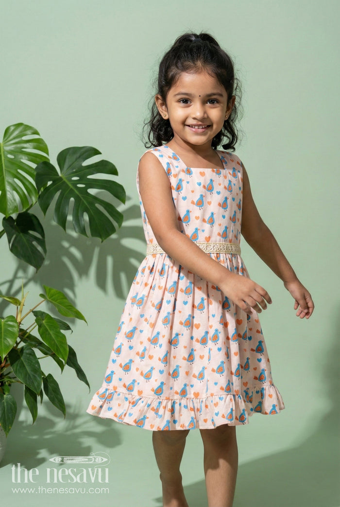 The Nesavu Girls Fancy Frock Baby Girl Casual Frock for Everyday Wear and Travel Nesavu 18 (2Y) / Half white / Cotton Blend GFC2072A-18 Nesavu baby girl cotton frock with bird print and frill hem for summer outings and play