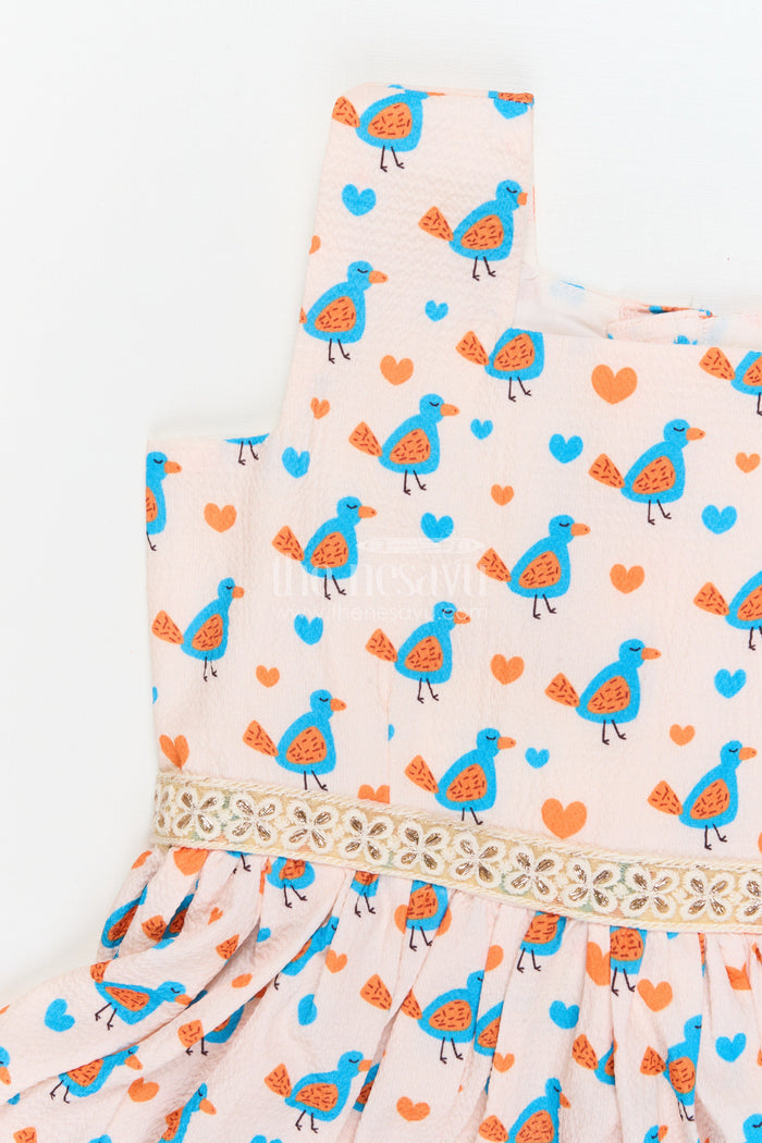 The Nesavu Girls Fancy Frock Baby Girl Casual Frock for Everyday Wear and Travel Nesavu Nesavu baby girl cotton frock with bird print and frill hem for summer outings and play