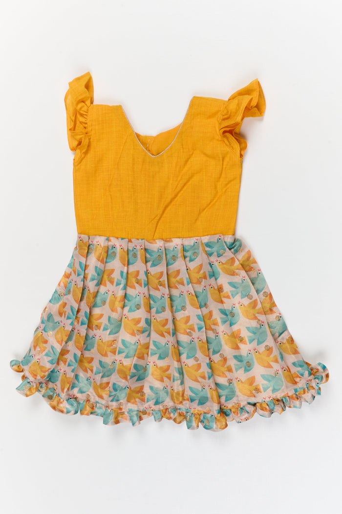 The Nesavu Silk Frock Baby Girl Chanderi Silk Frock with Bird Print for Birthdays and Day Outings Nesavu 18 (2Y) / Yellow / Cotton Silk SF1129A-18 Nesavu baby girl chanderi cotton silk frock with bird print and ruffle sleeves for festive outings