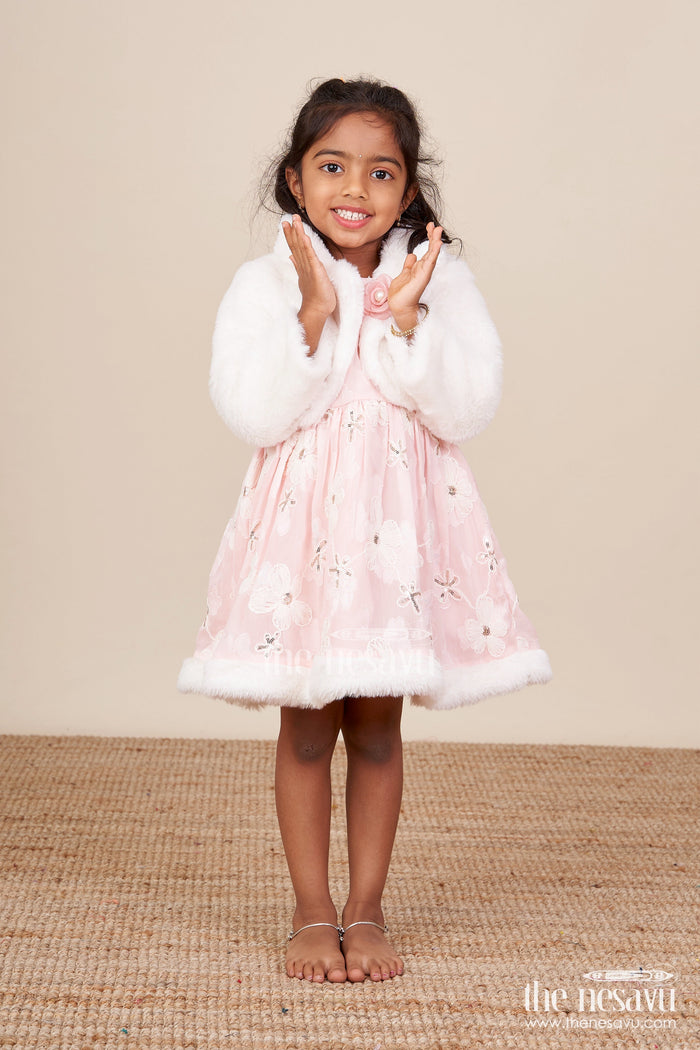 The Nesavu Baby Fancy Frock Baby Girl Chiffon Embroidered Frock with Fur Jacket for Winter Functions Nesavu 14 (6M) / Pink BFJ821A-14 Nesavu baby girl chiffon frock embroidery fur jacket  perfect winter party dress