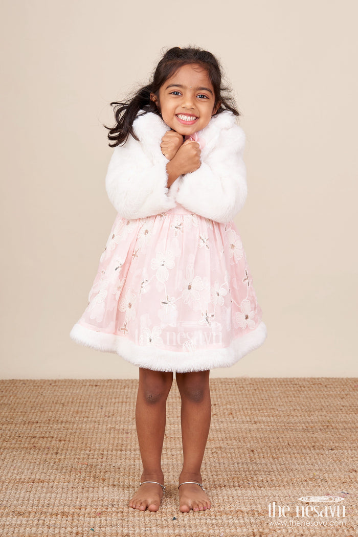 The Nesavu Baby Fancy Frock Baby Girl Chiffon Embroidered Frock with Fur Jacket for Winter Functions Nesavu Nesavu baby girl chiffon frock embroidery fur jacket  perfect winter party dress