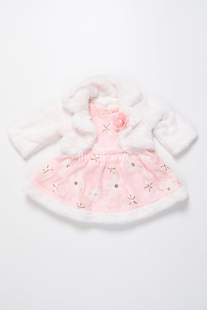 The Nesavu Baby Fancy Frock Baby Girl Chiffon Embroidered Frock with Fur Jacket for Winter Functions Nesavu Nesavu baby girl chiffon frock embroidery fur jacket  perfect winter party dress