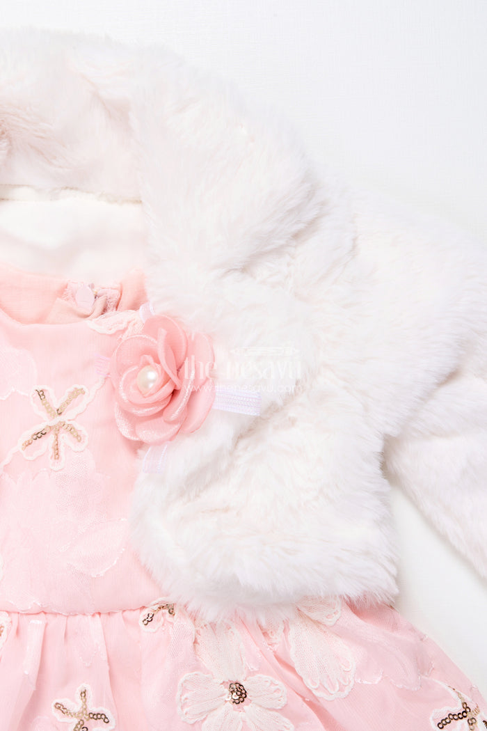 The Nesavu Baby Fancy Frock Baby Girl Chiffon Embroidered Frock with Fur Jacket for Winter Functions Nesavu Nesavu baby girl chiffon frock embroidery fur jacket  perfect winter party dress