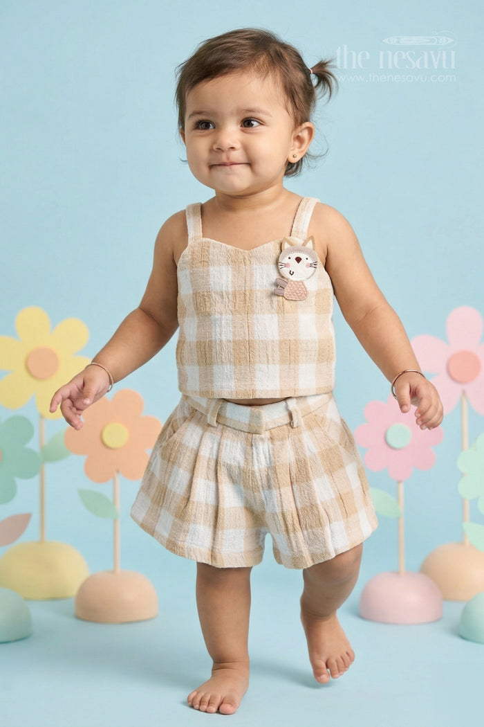 The Nesavu Baby Casual Sets Baby Girl Cotton Co Ord Set for Summer Outings and Daily Wear Nesavu 14 (6M) / Brown / Muslin Cotton BFJ950B-14 Nesavu baby girl muslin cotton co ord set with checked design for summer outings and daily wear