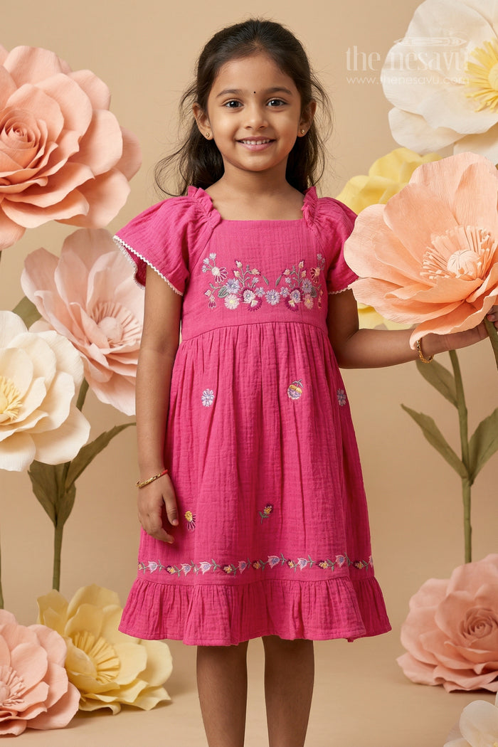 The Nesavu Girls Cotton Frock Baby Girl Cotton Frock for Birthdays and Special Outings Nesavu 18 (2Y) / Pink / Muslin Cotton GFC2161A-18 Nesavu baby girl muslin cotton frock with thread embroidery for birthdays and special outings