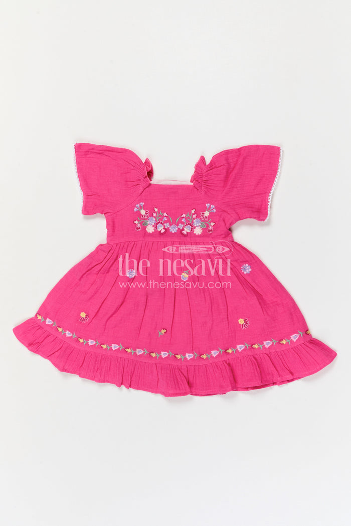 The Nesavu Girls Cotton Frock Baby Girl Cotton Frock for Birthdays and Special Outings Nesavu Nesavu baby girl muslin cotton frock with thread embroidery for birthdays and special outings