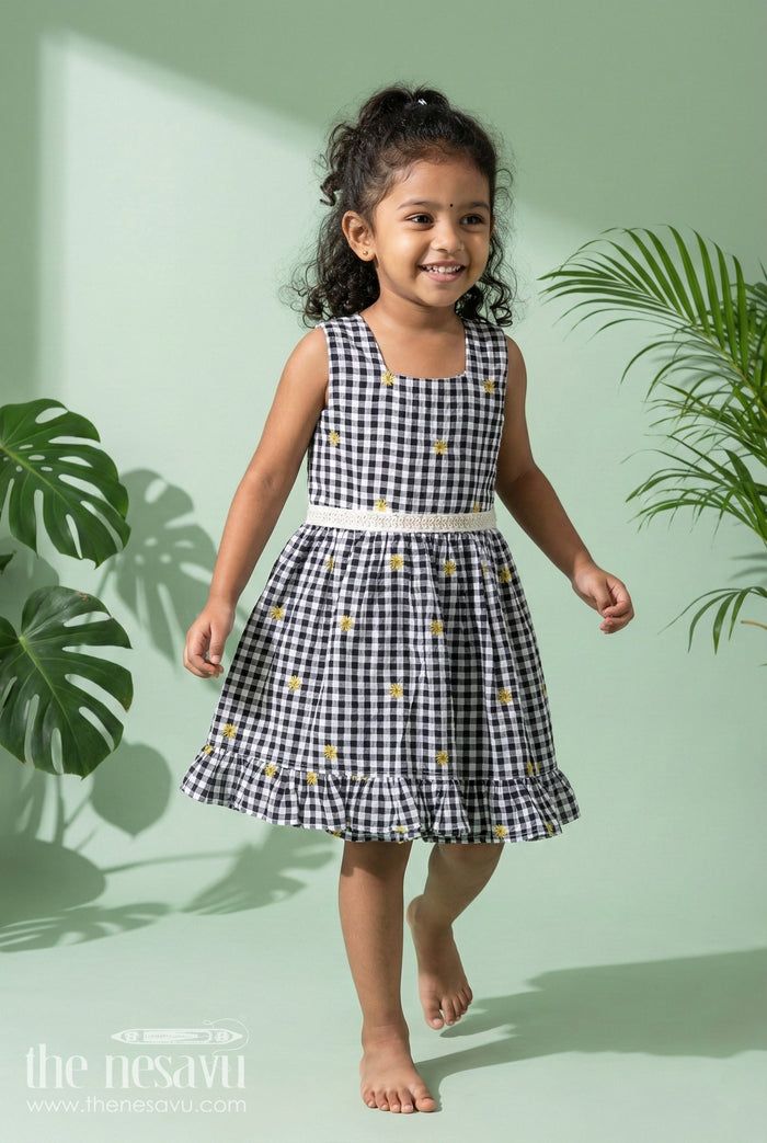 The Nesavu Girls Cotton Frock Baby Girl Cotton Frock for Casual Outings and Daycare Wear Nesavu 18 (2Y) / Black / Cotton GFC2073A-18 Nesavu baby girl cotton frock with daisy embroidery and checks for casual wear