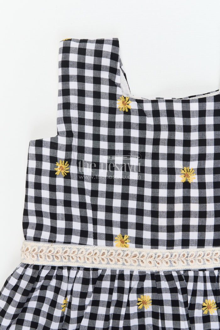 The Nesavu Girls Cotton Frock Baby Girl Cotton Frock for Casual Outings and Daycare Wear Nesavu Nesavu baby girl cotton frock with daisy embroidery and checks for casual wear