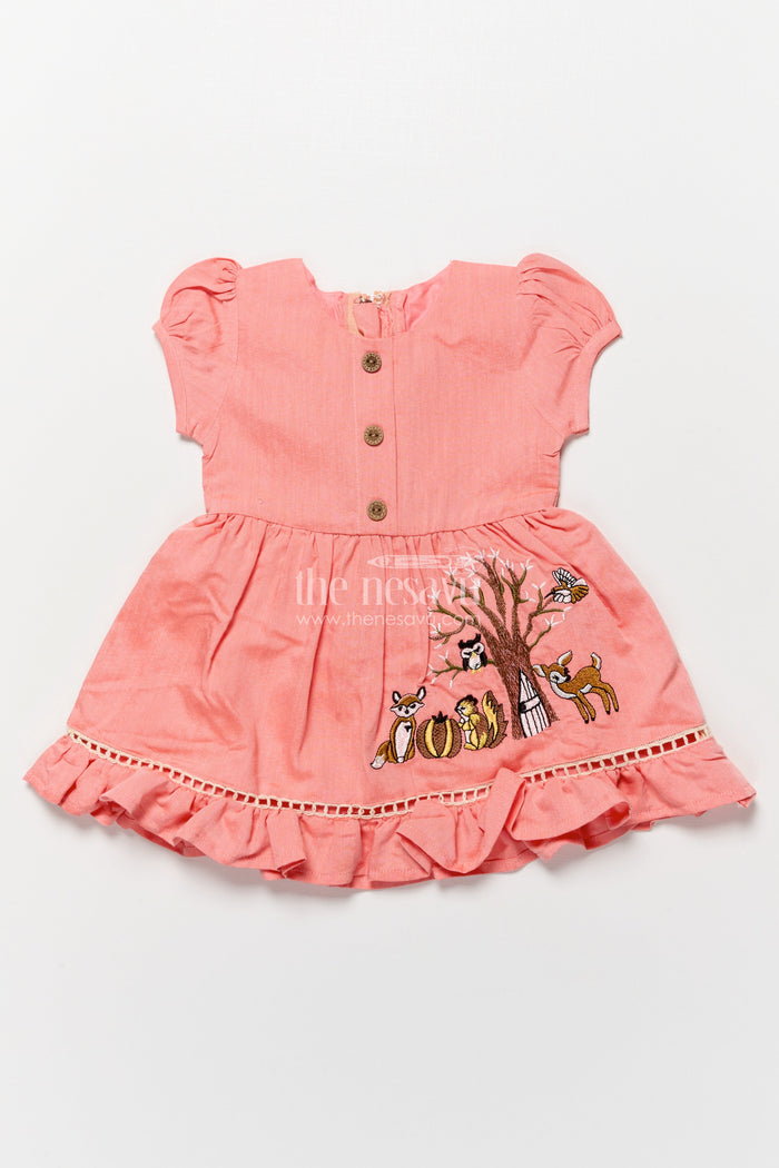 The Nesavu Girls Cotton Frock Baby Girl Cotton Frock for Casual Wear and Playtime Nesavu 16 (1Y) / Peach GFC1913B-16 Nesavu baby girl cotton frock embroidery playdates outings casual festive wear