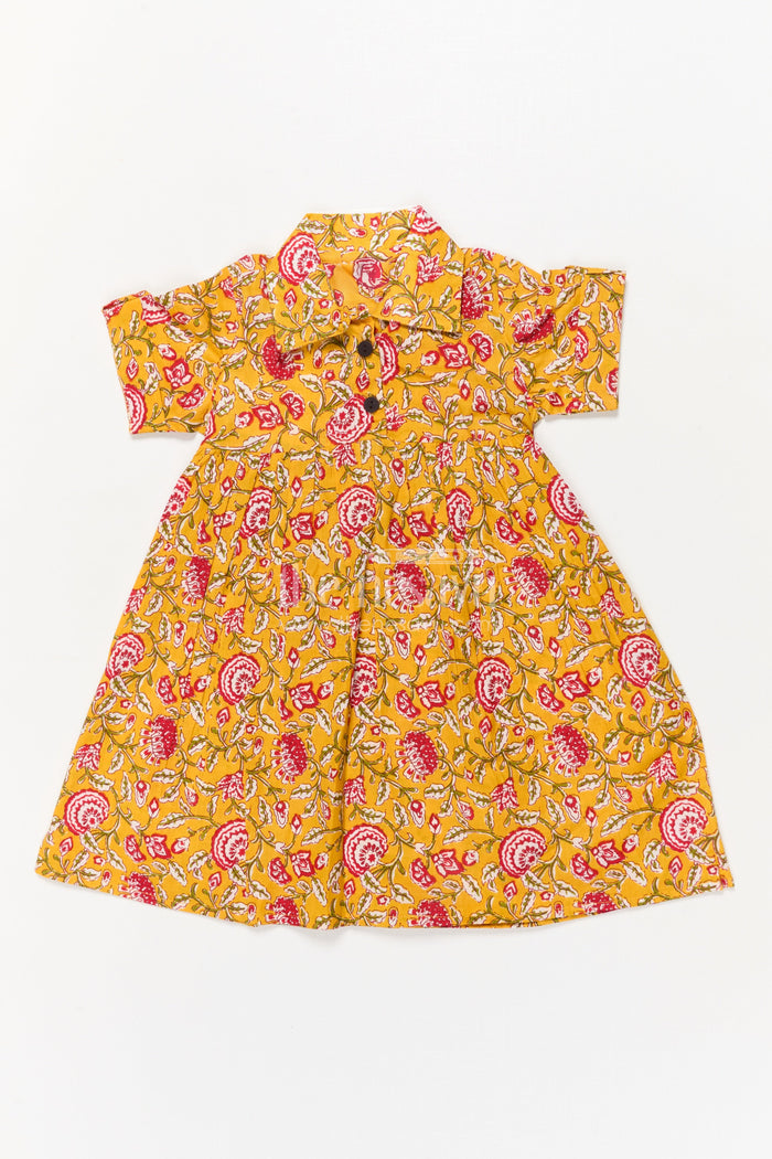 The Nesavu Girls Cotton Frock Baby Girl Cotton Frock for Ethnic Day and Festive School Events Nesavu 16 (1Y) / Yellow GFC2046A-16 Nesavu yellow cotton frock for baby girls with collar and floral print – festive and school ethnic wear