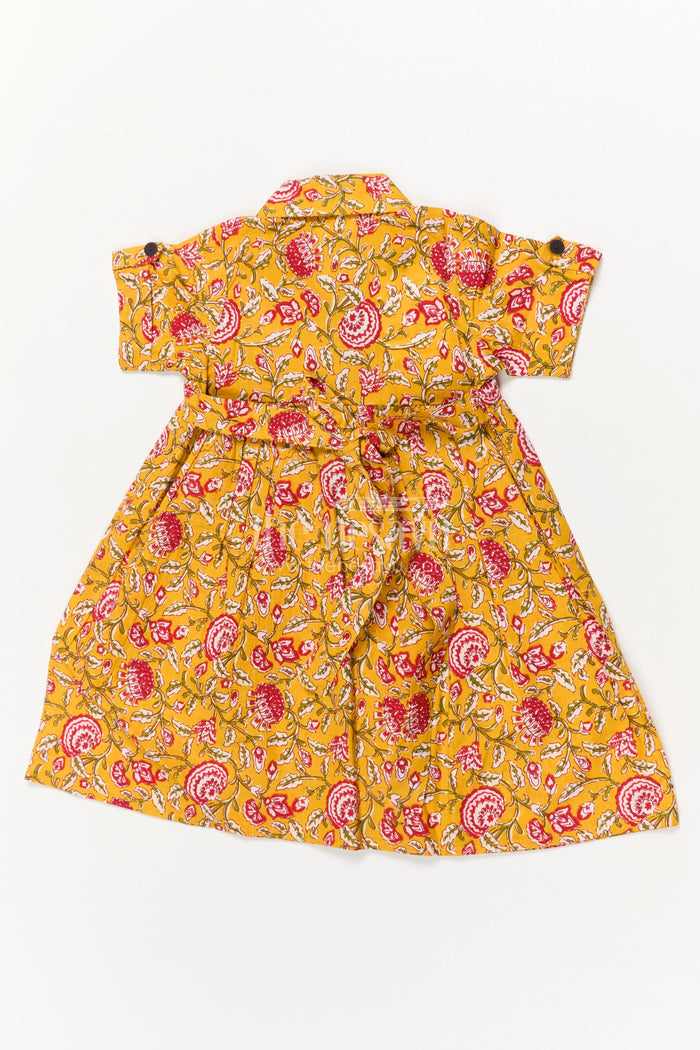 The Nesavu Girls Cotton Frock Baby Girl Cotton Frock for Ethnic Day and Festive School Events Nesavu Nesavu yellow cotton frock for baby girls with collar and floral print – festive and school ethnic wear