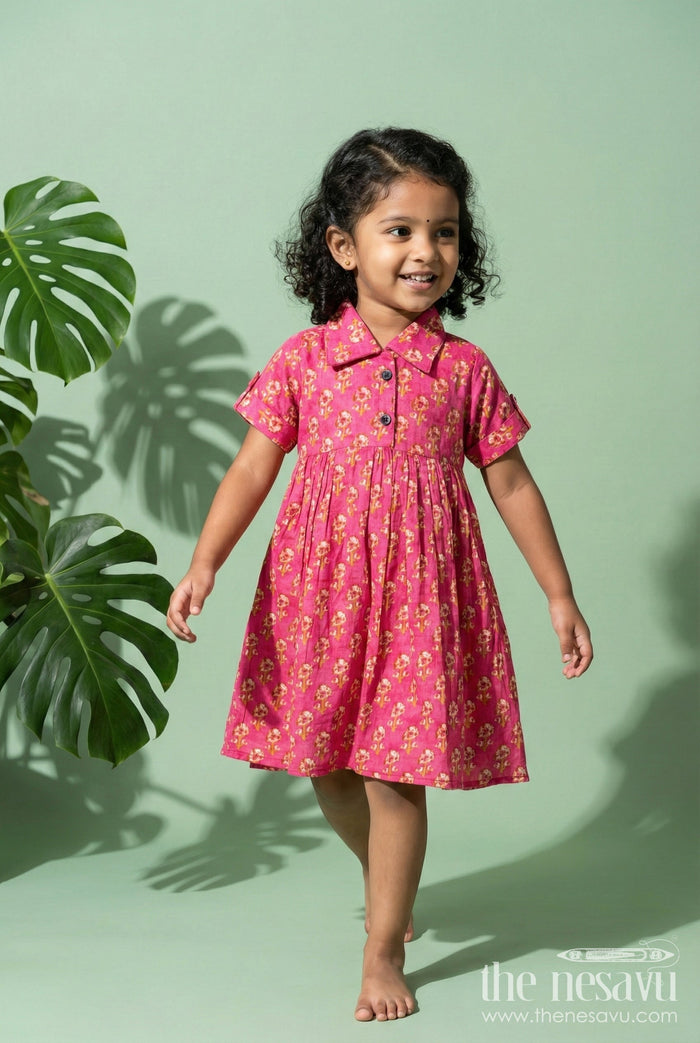 The Nesavu Girls Cotton Frock Baby Girl Cotton Frock for Festive Gatherings and Everyday Charm Nesavu 16 (1Y) / Pink GFC2039A-16 Nesavu baby girl pink cotton frock with puff sleeves for festive gatherings and photoshoots