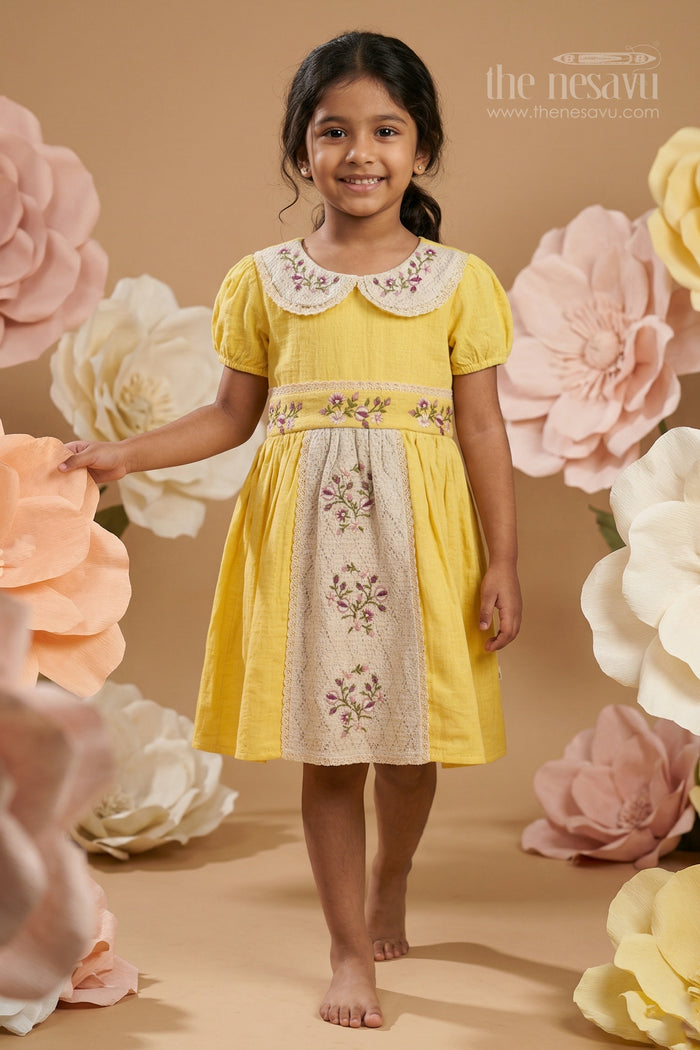 The Nesavu Girls Cotton Frock Baby Girl Cotton Frock for Summer Outings and Daily Wear Nesavu 20 (3Y) / Yellow / Muslin Cotton GFC2160A-20 Nesavu Baby Girl Muslin Cotton Frock With Thread Embroidery For Summer Outings And Daily Wear