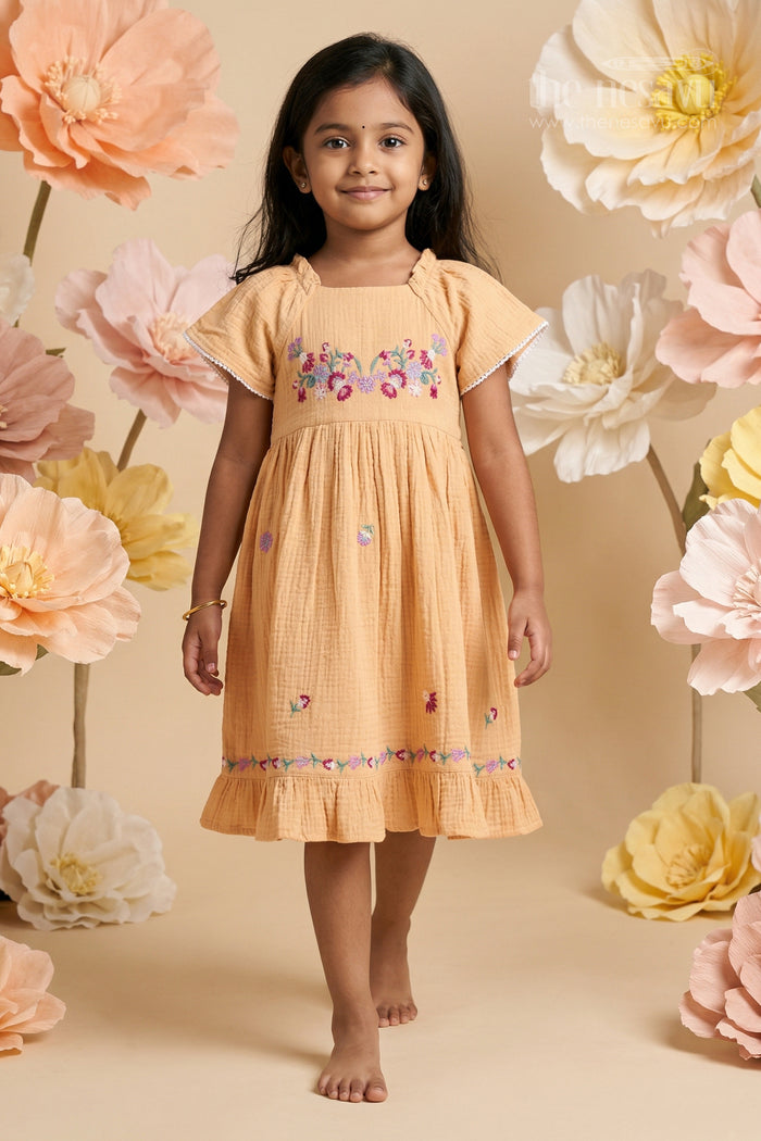 The Nesavu Girls Cotton Frock Baby Girl Cotton Frock for Summer Season and Daily Wear Nesavu 18 (2Y) / Beige / Muslin Cotton GFC2161B-18 Nesavu baby girl muslin cotton frock with thread embroidery for summer outings and daily wear